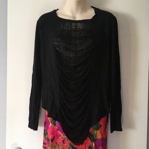 RAQUEL ALLEGRA Black Shredded Drape Front Silk + Rayon Sweater 2